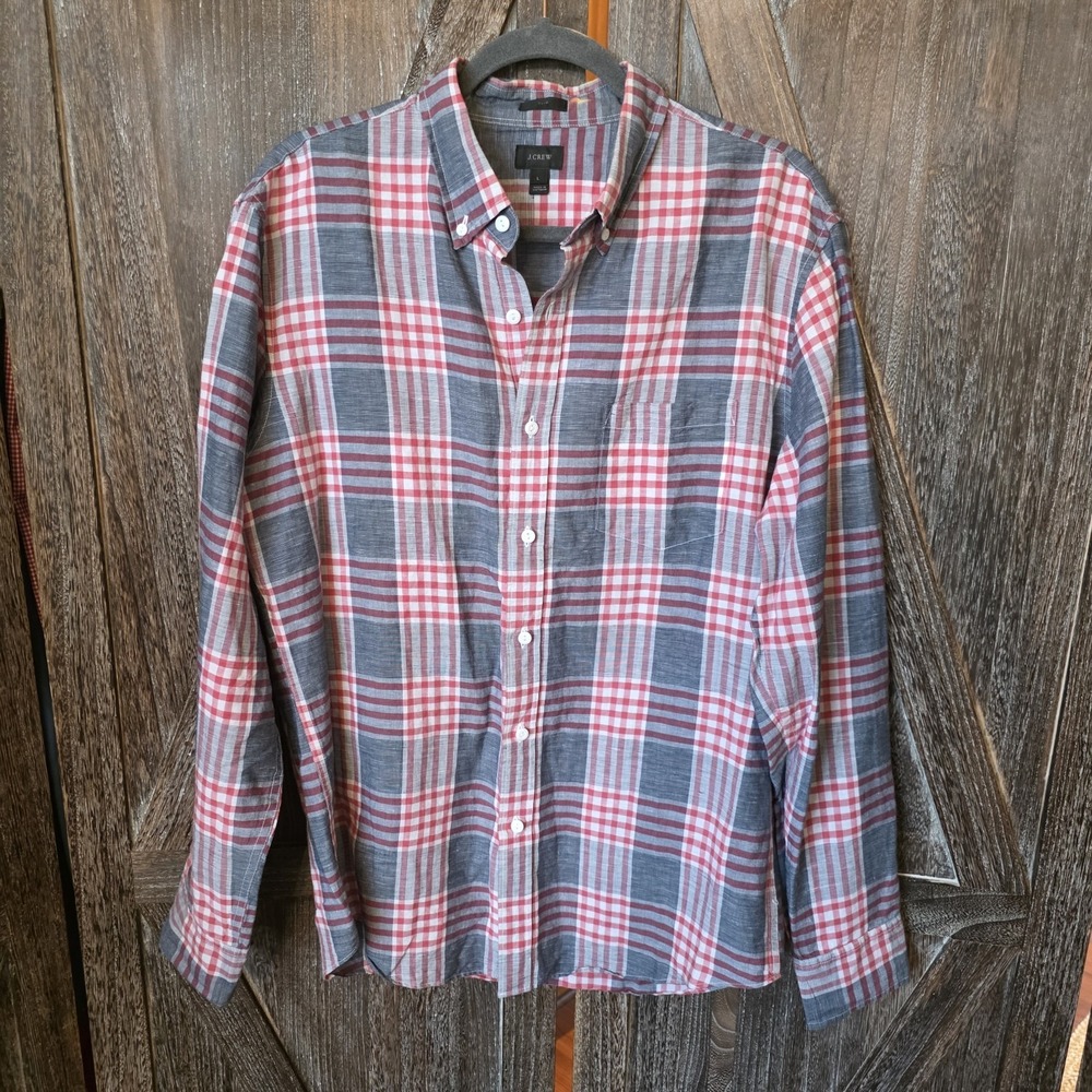 J Crew Shirt Mens L Red Blue Plaid Button Up Long Sleeve Baird McNutt Linen Slim